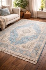 Handmade Sky Blue Carpet with Elegant Floral Design