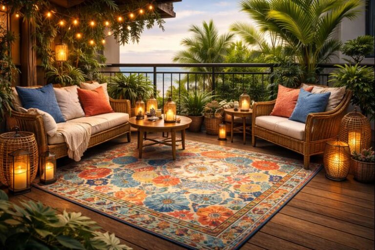 Colorful premium balcony carpet rug placed in a stylish outdoor balcony seating area with warm lighting and modern decor