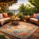 Colorful premium balcony carpet rug placed in a stylish outdoor balcony seating area with warm lighting and modern decor