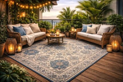 Elegant neutral tone balcony carpet rug placed in a modern outdoor balcony seating area with warm lights and plants