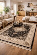 Black ivory handmade carpet with traditional medallion design photographed on a white background