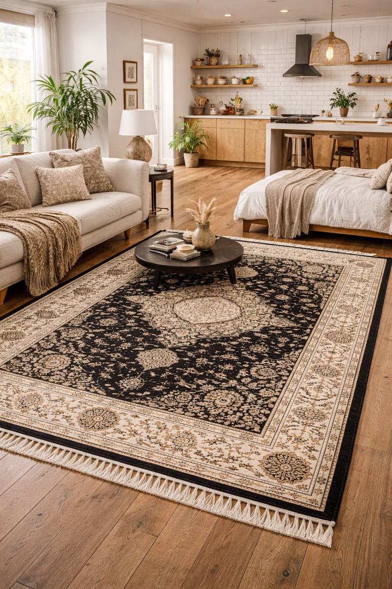 3 Black ivory handmade carpet with traditional medallion design photographed on a white background