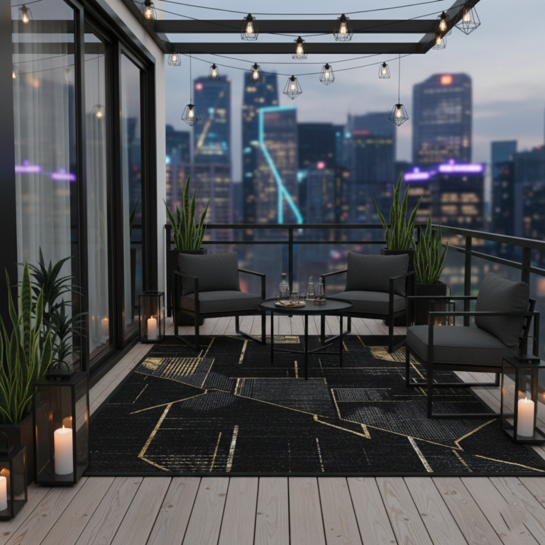 Top-down view of a modern black outdoor rug with gold and grey geometric linear patterns on a neutral background.