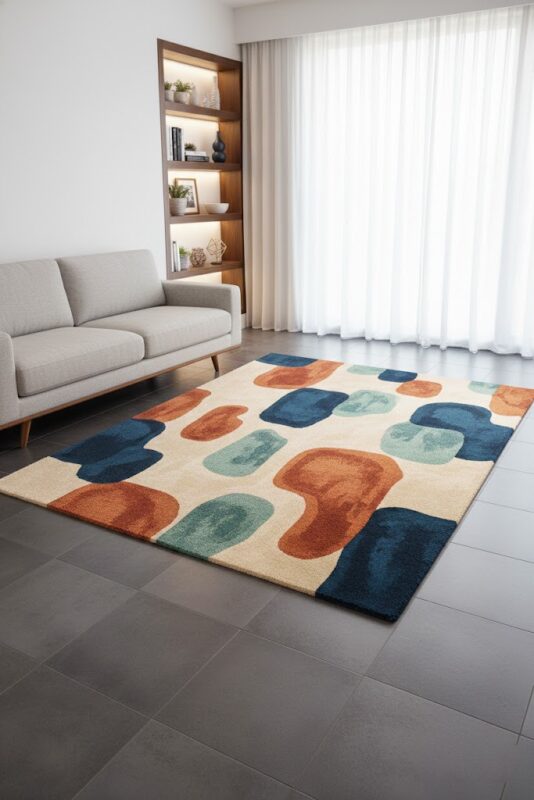 A contemporary hand-tufted rug featuring large, organic pebble shapes in terracotta orange, sapphire blue, and seafoam green on a cream background, styled in a minimalist living room with a grey sofa and large window.