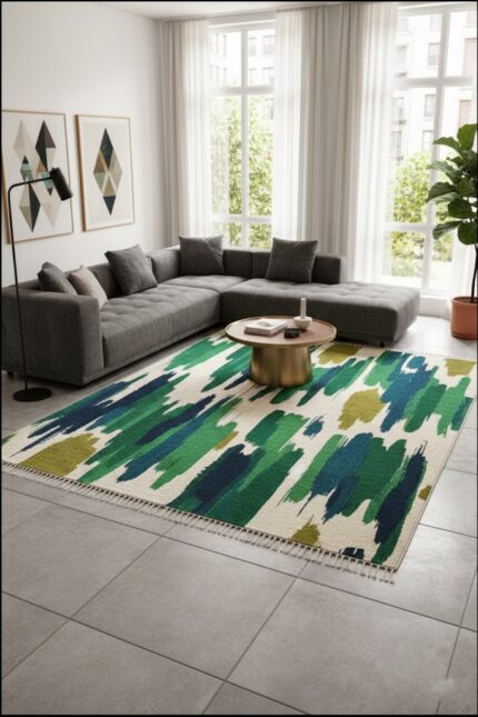 Modern living room featuring a large hand-tufted abstract area rug with vibrant green, teal, and navy blue brushstroke patterns on a cream base, styled under a gold coffee table and grey sectional sofa.