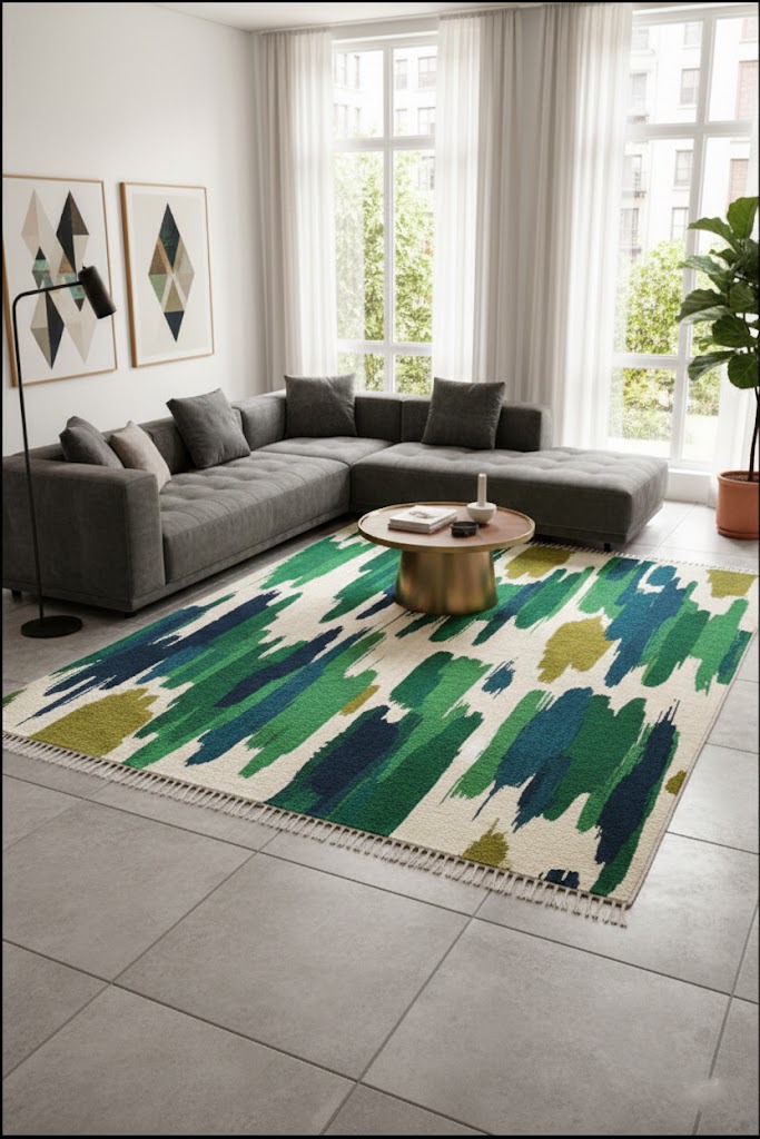 Aura Abstract Modern living room featuring a large hand-tufted abstract area rug with vibrant green, teal, and navy blue brushstroke patterns on a cream base, styled under a gold coffee table and grey sectional sofa.
