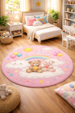 Round pink kids room carpet placed in a pastel kids bedroom with teddy bear design creating a soft and playful children’s space