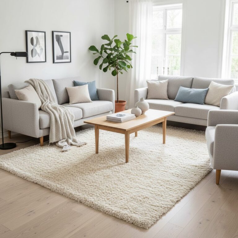 Top-down view of a thick, plush cream shag rug with a soft high-pile texture and decorative hand-tied tassels on the edges, isolated on a white background.