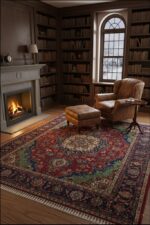 Traditional Persian-style wool rug with a central cream medallion and intricate floral patterns in crimson red, navy blue, and emerald green, styled in a cozy library with a leather armchair and fireplace.