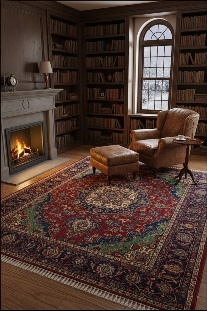 Heritage Grand Medallion Traditional Persian-style wool rug with a central cream medallion and intricate floral patterns in crimson red, navy blue, and emerald green, styled in a cozy library with a leather armchair and fireplace.