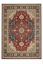 A luxurious traditional rug with a large burgundy center, intricate cream floral borders, and navy accents, styled on a light oak floor in a modern living room.