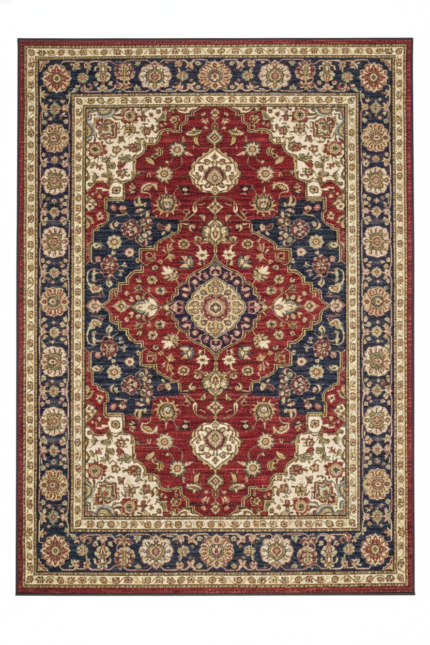 A luxurious traditional rug with a large burgundy center, intricate cream floral borders, and navy accents, styled on a light oak floor in a modern living room.
