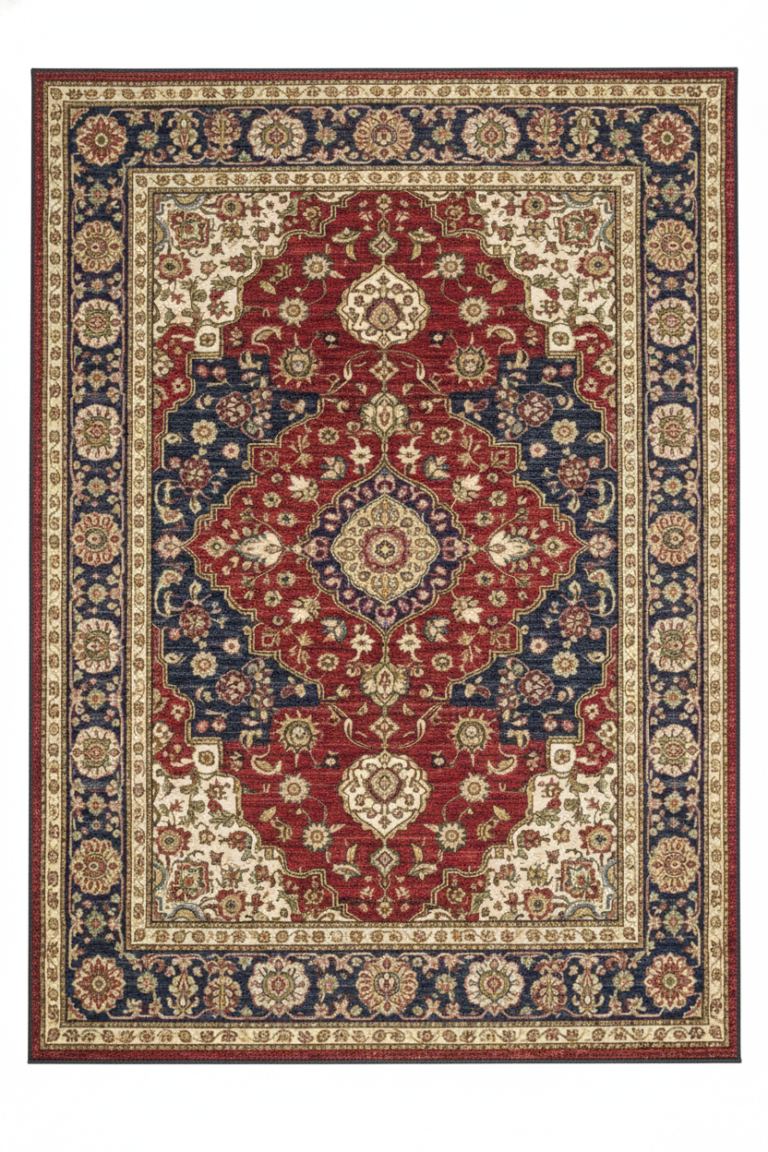 A luxurious traditional rug with a large burgundy center, intricate cream floral borders, and navy accents, styled on a light oak floor in a modern living room.