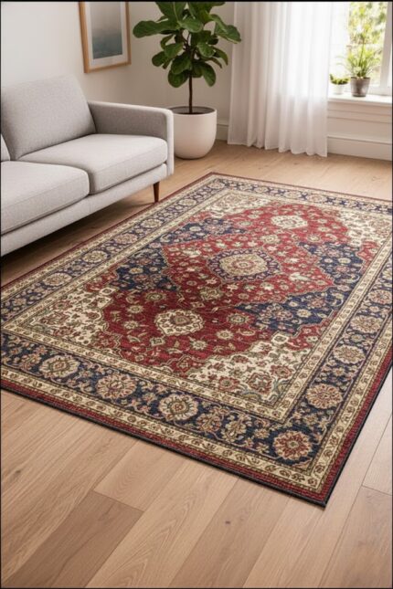 A luxurious traditional rug with a large burgundy center, intricate cream floral borders, and navy accents, styled on a light oak floor in a modern living room.