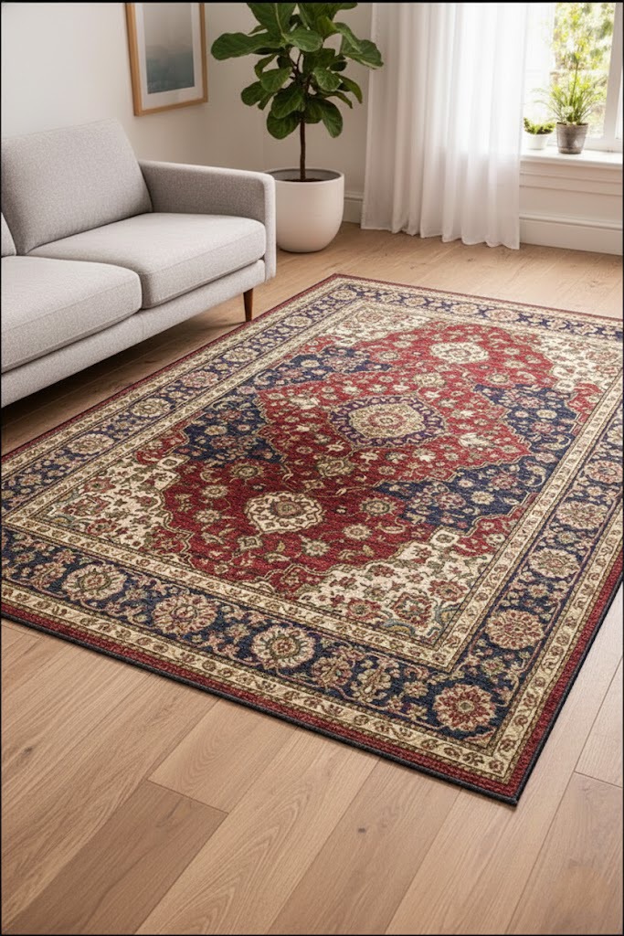 Royal Kashan Traditional A luxurious traditional rug with a large burgundy center, intricate cream floral borders, and navy accents, styled on a light oak floor in a modern living room.
