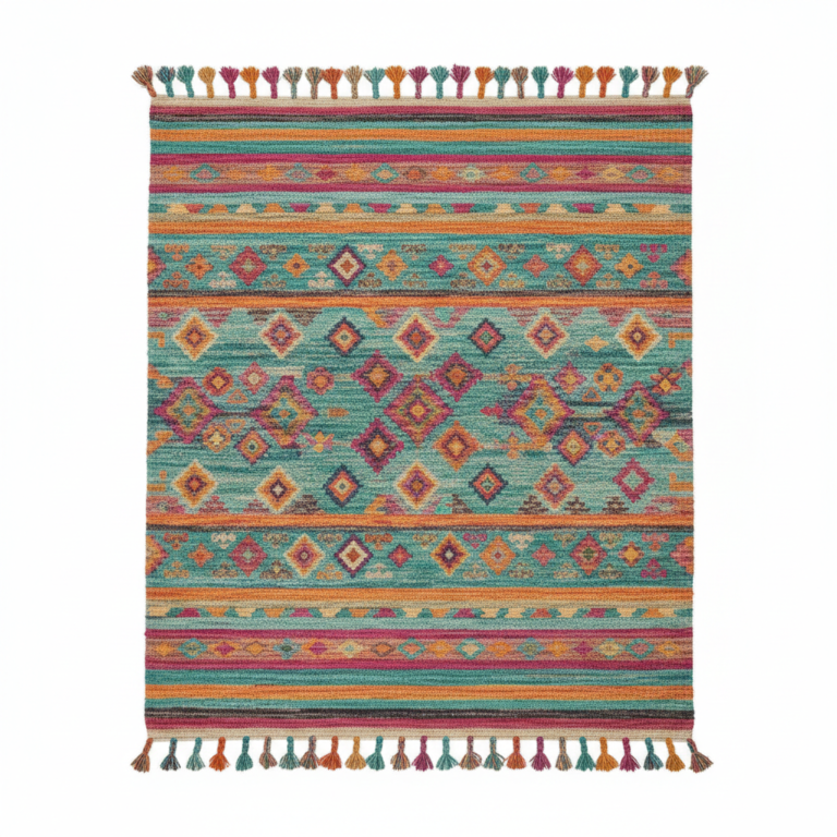 A colorful bohemian tribal rug with teal, orange, and pink horizontal geometric patterns and multi-colored tassels, styled in a bright white living room with a beige sectional sofa and macramé wall hanging.