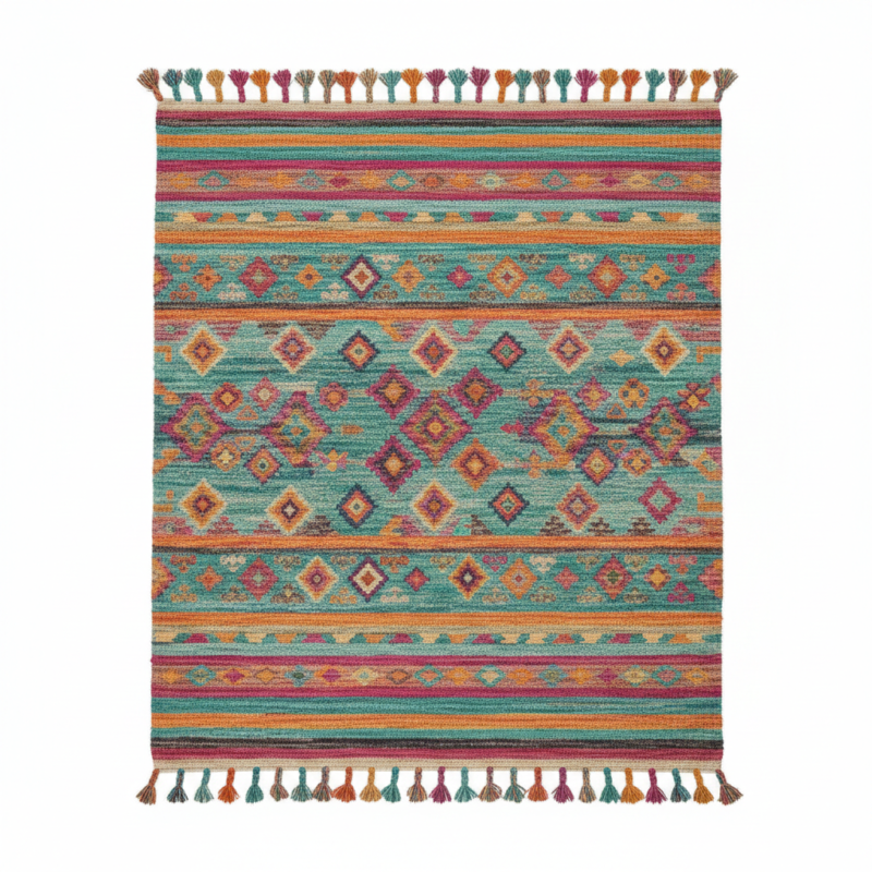 A colorful bohemian tribal rug with teal, orange, and pink horizontal geometric patterns and multi-colored tassels, styled in a bright white living room with a beige sectional sofa and macramé wall hanging.