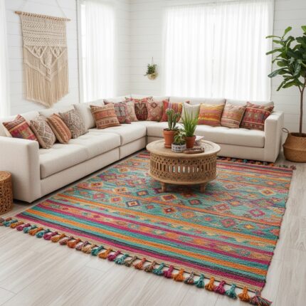 A colorful bohemian tribal rug with teal, orange, and pink horizontal geometric patterns and multi-colored tassels, styled in a bright white living room with a beige sectional sofa and macramé wall hanging.