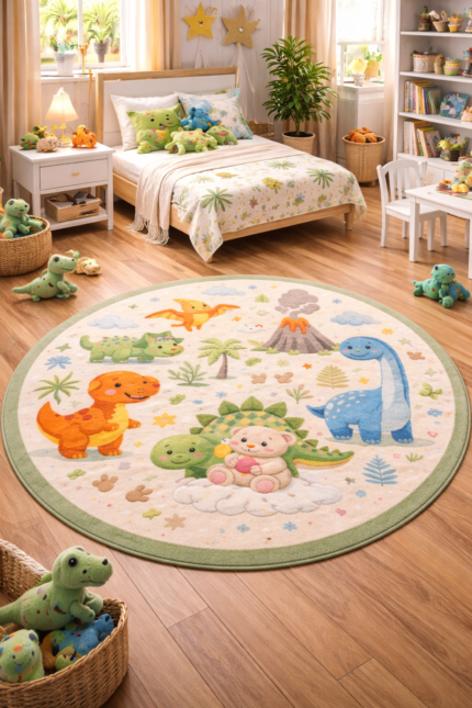 Round dinosaur kids room carpet placed in a modern kids bedroom with colorful dinosaur design creating a fun and playful children’s space