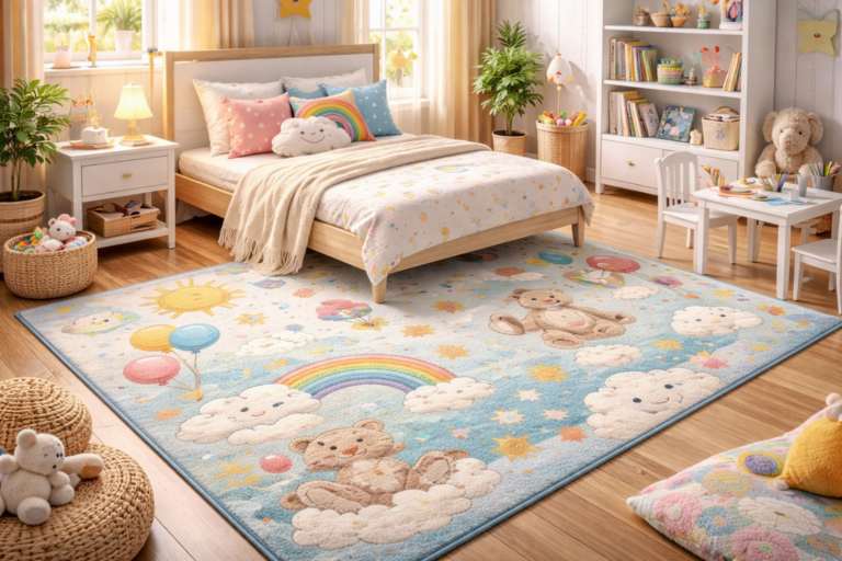 Soft colorful kids room carpet placed in a modern kids bedroom creating a playful and comfortable space for children