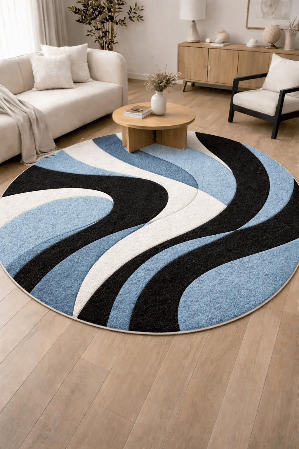 3 Top view of a circular hand-tufted wool carpet with 3D carved blue and black wavy abstract patterns on a light wood floor.