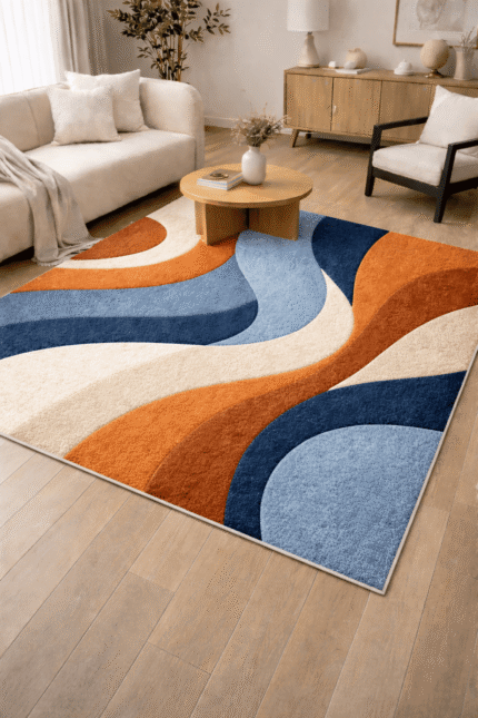 Rectangular hand-tufted wool rug with a 3D carved abstract wave pattern in rust orange, navy blue, and cream colors on a wooden floor.
