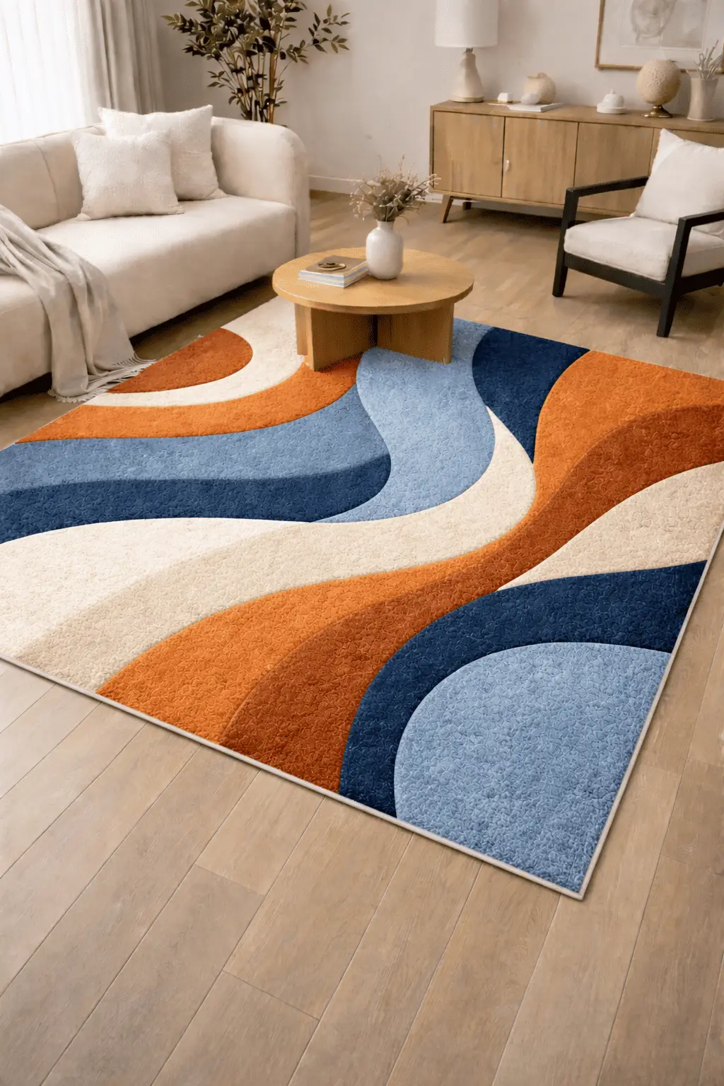 4 Rectangular hand-tufted wool rug with a 3D carved abstract wave pattern in rust orange, navy blue, and cream colors on a wooden floor.
