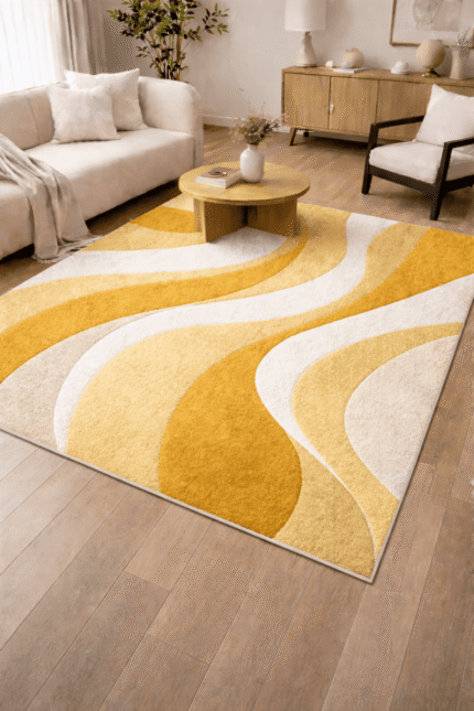 Top view of a hand-tufted wool carpet with yellow and cream abstract wave patterns in a modern living room with wooden flooring.