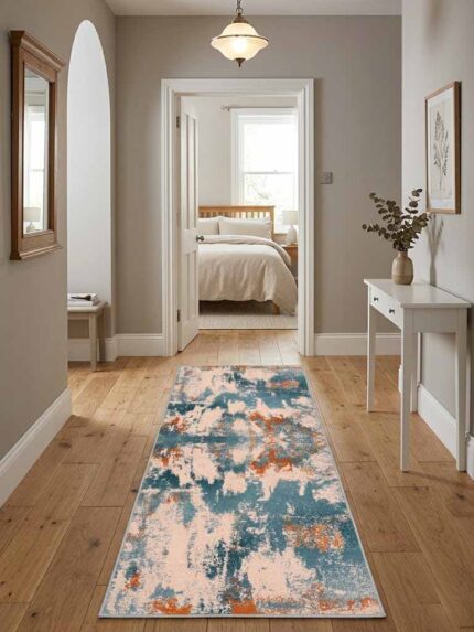 Plushy World 5x2 feet abstract carpet with blue and rust pattern, soft modern floor runner for home interiors
