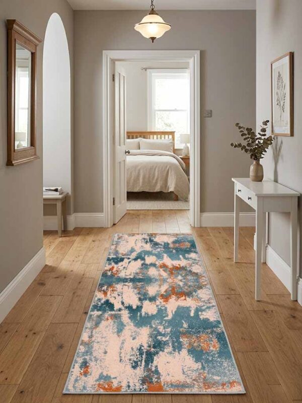 Plushy World 5x2 feet abstract carpet with blue and rust pattern, soft modern floor runner for home interiors